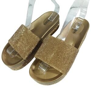 PRIMA! GOLD FACETED JEWEL/RHINESTONE TRIMMED SINGLE STRAP SANDALS, HEELS! SZ 7M